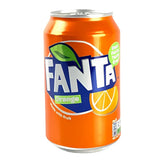 The Orange Fanta can, featuring its iconic logo and vibrant fruit graphics on an orange backdrop, delivers invigorating energy with real orange juice for a refreshing, authentic taste.